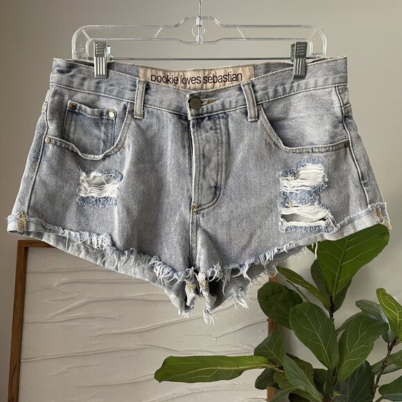 Women's POOKIE Loves SEBASTIAN Cut Off Denim Jean Shorts Size Large Distressed - Picture 1 of 3